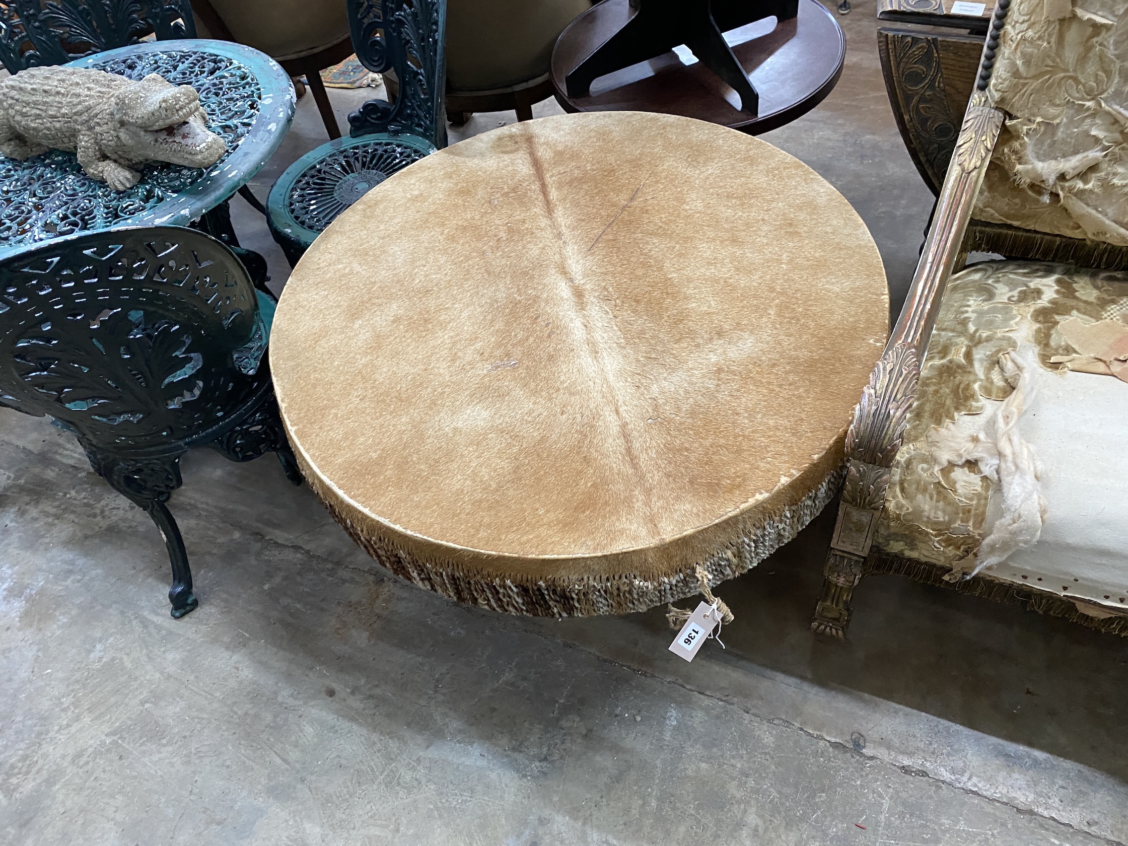 A large African circular hide drum, diameter 90cm, height 53cm